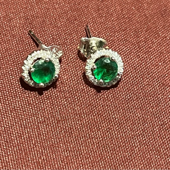 Jewelry - Sterling Silver Synthetic Emerald and CZ Post Earrings